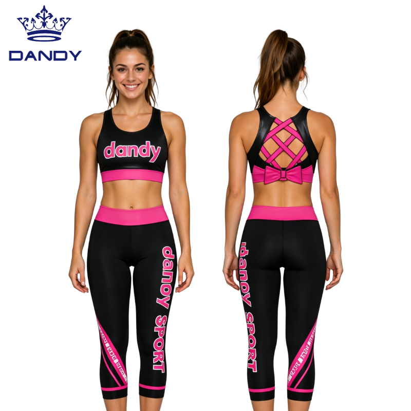 Custom Black Pink Cheerleading Training Set With Criss Cross Bow Back Sports Bra And Capri Leggings for Women