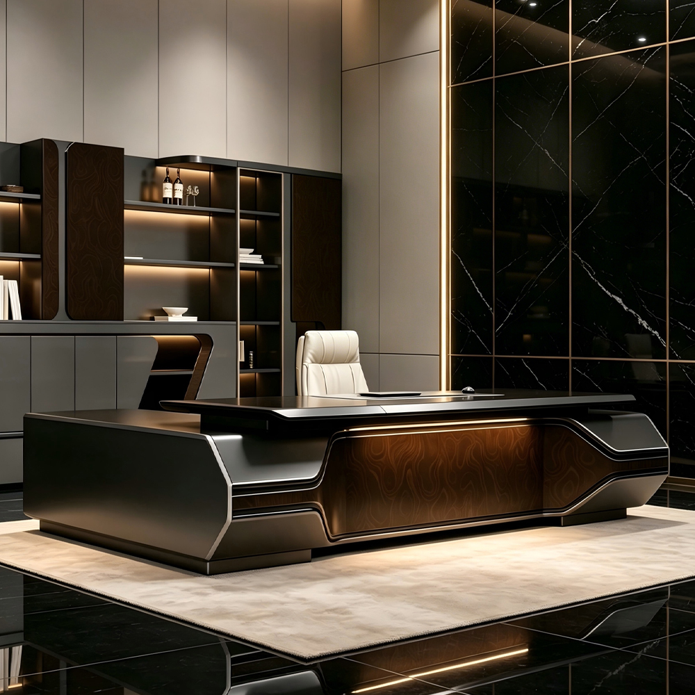 Luxury Wood Finish Executive Office Desk Modern Boss Desk L-Shape CEO Table for One-stop Procurement Office Furniture Suite Set