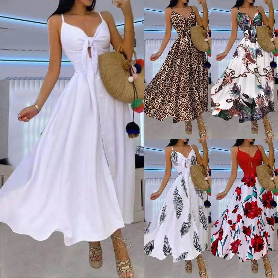 여름 2023 새로운 패션 비치 여성 휴일 우아한 흰색 v-목 활 레이스 느슨한 거리 캐주얼 디지털 인쇄 드레스