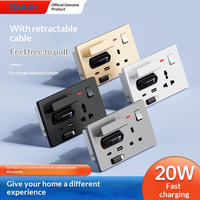 Prise murale USB à charge rapide avec câble rétractable universel Type-C de 80 cm, matériau ignifuge, prises AC, 2 ports USB-C