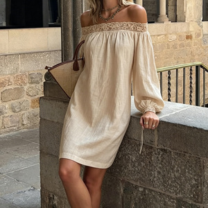 Fashion Design Off The Shoulder Lace Trim Women Mini <b>Dress</b> Puff Sleeve <b>Boho</b> Loose Fit <b>Summer</b> Casual Women's <b>Dress</b> - Product Image 4
