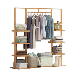 Bamboo Floor Standing <b>Clothes</b> <b>Rack</b> With Storage Shelves For Living Room And Bedroom Multifunctional Space Saving Design - Product Image 5