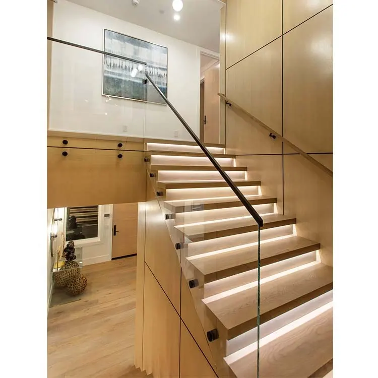 Design personalizado iluminação led vidro escada flutuante do granito e mármore treads chicote grelha design de escada