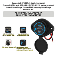 Prise de chargeur double USB réversible plate à montage sur panneau, étanche IP65, 2 ports USB-A et USB-C, QC 3.0 36W, PD 3.0 30W, 12V 24V
