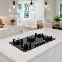 Table de cuisson à gaz encastrable 5 brûleurs en cuivre avec couvercle en verre trempé, allumage par impulsions, classe A écoénergétique pour cuisine de restaurant
