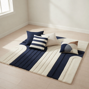 Alfombra Moderna Abstracta Rectangular Azul Marino Crema, de Lana y Acrílico, para Sala de Estar, con Base Antideslizante de Látex - Product Image 2
