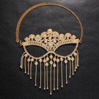 Masque de fête Halloween avec voile brillant, bijoux, strass, long pompon, couvrant tout le visage, avec strass de luxe, accessoire de tête