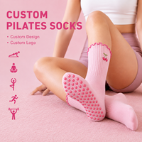Chaussettes de yoga à volants avec logo personnalisé, 100% coton, broderie, antidérapantes, chaussettes de pilates pour femmes