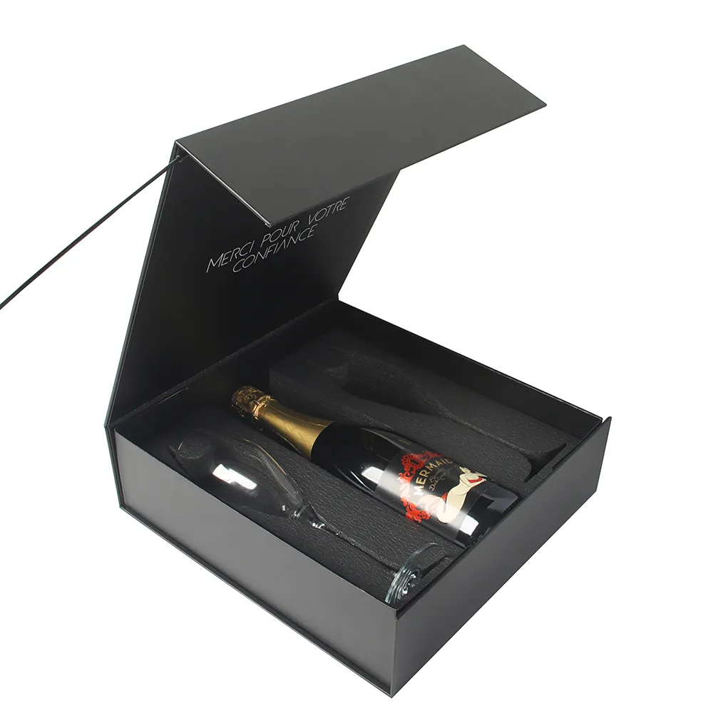 custom Book Shaped magnetic foldable Champagne Bottle Wine Paper Gift Box package with EVA Foam insert