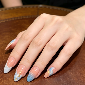 24 <span class=keywords><strong>Uñas</strong></span> Postizas Francesas Ombre, Diseño <span class=keywords><strong>Azul</strong></span> y Blanco Acuarela, Almendradas Medianas, Reutilizables, Estilo Veraniego INS - Product Image 2
