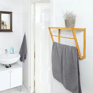 Porte-serviettes mural en bambou avec étagère, 3 barres, organisateur de rangement pour salle de bain, support fixe pour serviettes, design moderne rustique - Product Image 4
