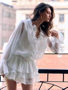 Abito estivo bianco a maniche lunghe arricciato francese per donne Casual <span class=keywords><strong>Chic</strong></span> con Design gonna corta con drappeggi anteriori naturali - Product Image 4