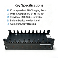 Boîtier en alliage d'aluminium, station de charge USB-C PD PPS 200W à 10 ports avec support pour téléphone, chargeur rapide PD 30W 45W