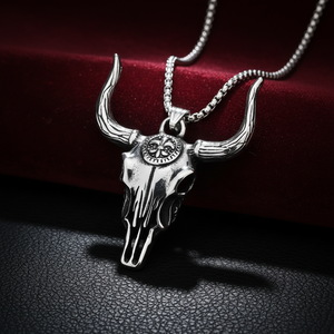 จี้สร้อยคอเหล็กกล้าไร้สนิมแบบกำหนดเอง สไตล์ยูนิค ลายวิกกิ้ง รูปหัวกระทิง ลายดอกเฟลอร์เดลิส สไตล์คาวบอยตะวันตก วินเทจ ของขวัญสำหรับผู้ชาย - Product Image 1