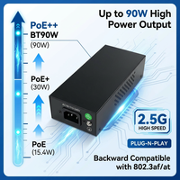Injecteur PoE+ 2,5G pour Ethernet, 90W 48V avec compatibilité 10/100/1000/2500 Mbps et IEEE 802.3af/at/bt