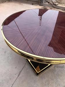 Luxury Round Dining Table High Gloss Wood Veneer Top with Gold Stainless Steel Pedestal Base Modern Circular Dining Room - Product Image 2