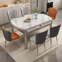 Ensemble table et chaises de salle à manger rectangulaire extensible moderne de luxe avec plateau en pierre frittée écologique et pieds en bois pour restaurant