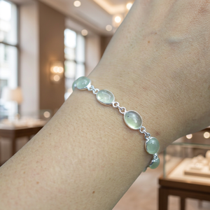 Bracelet à maillons en argent sterling 925 plaqué rhodium avec serti clos, pierres précieuses préhnite et perle, style religieux en or rose - Product Image 2