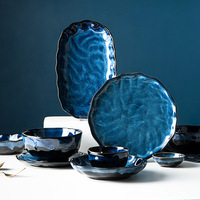 Assiette en céramique verte à glaçure réactive, style Kiln Navy, compatible lave-vaisselle/micro-ondes/congélateur, ensemble de couverts, vaisselle, ensembles Japandi