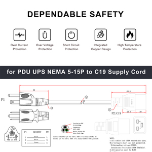 Câble d'alimentation 15A NEMA 5-15P vers IEC320 C19 SJTOW PVC noir pour usage domestique - Product Image 3
