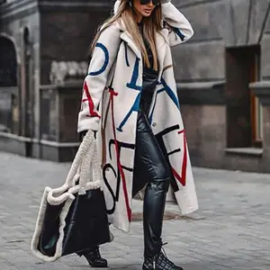 Trench-coat Long à manches longues pour femme, vêtement d'hiver en laine avec lettres imprimées, tendance 2022