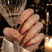 Faux ongles longs en forme de cercueil, faits à la main, sculptés en 3D, motif floral, dégradé coucher de soleil orange-rouge, réutilisables, vente en gros