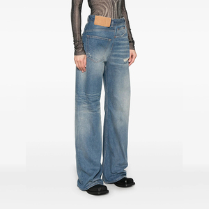 Pantaloni Jeans da Donna Streetwear Personalizzati Vestibilità Baggy Lavaggio Distrutto Asimmetrici a Vita Media <span class=keywords><strong>Sexy</strong></span> Patchwork Lavabili in Denim - Product Image 2