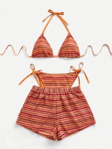 3Colors Ties Details Plus Size Swimwear Women Knitted 3Pieces Bikini Set Boyleg Short Beachwear L-4XL - Product Image 3