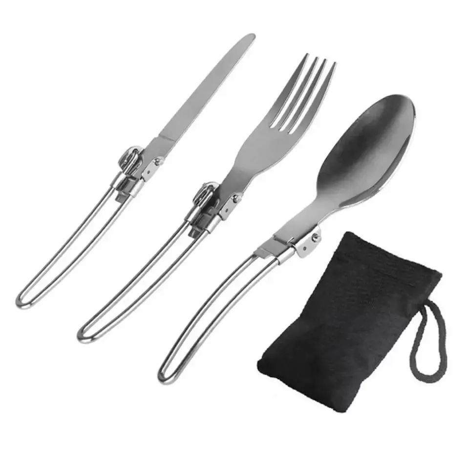 3 Pcs/1 Set Portable Durable Stainless Steel Tableware Outdoor Tools Camping Equipment Travel Picnic Fold Fork Knife Spoon Set