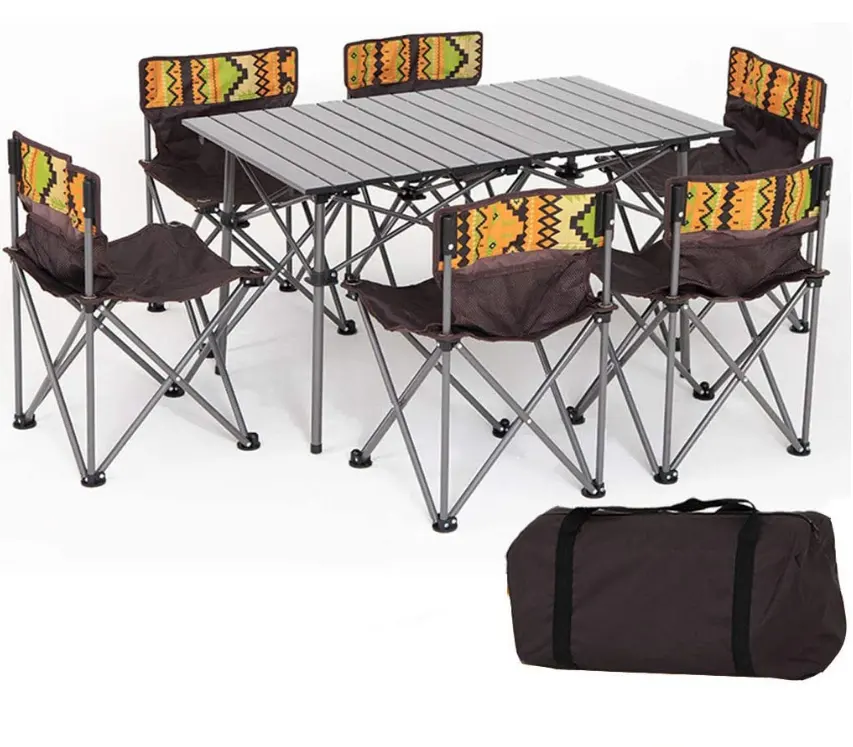 屋外折りたたみ式テーブルと椅子セット、ポータブルアルミニウム合金自動運転車バーベキューピクニックキャンプ7ピーステーブルと椅子