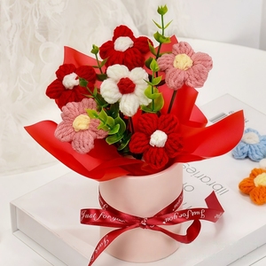 Fabriqué à la main tricoté bouffée Bouquet <span class=keywords><strong>tournesol</strong></span> Rose fil fleur fleur artificielle câlin seau ornement cadeau - Product Image 5