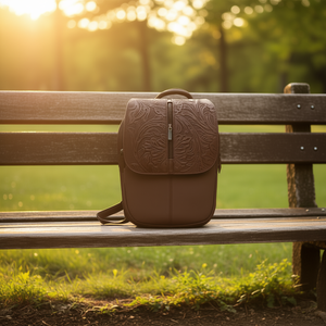 Mochila Fana Letizia de Cuero Vacuno Color Chocolate, 5L, Diseño Floral Grabado, Bolsa de Viaje Unisex para Adultos - Product Image 2