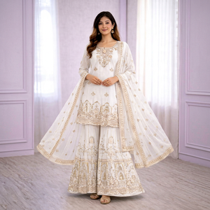 White Embroidered Silk Sharara <b>Suit</b> With Dupatta Floor-Length Traditional <b>Wedding</b> Outfit <b>Women's</b> Loose Fit <b>Dress</b> - Product Image 1