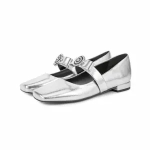 Sapatos de noiva de salto baixo prateado com bico quadrado elegante, sapatos metálico de couro de vaca para mulheres, com fivelas de strass, sapatos de salto baixo para mulheres