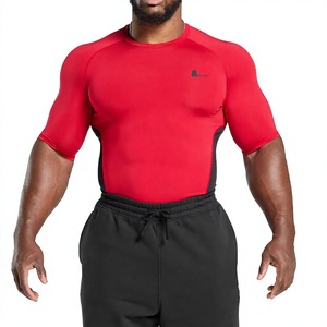 Camiseta de Compresión Elástica de Manga Larga con Cuello Redondo para Hombre, Color Rojo Sólido, Tejido de Punto de Secado Rápido, Diseño Casual con Logotipo Frontal - Product Image 1