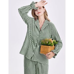 Womens Gingham Pajamas Set Cotton Plaid Long Sleeve Button Down Shirt Pants Ruffled Hem 2 Piece <b>Lounge</b> Wear - Product Image 4