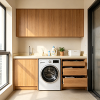 Meuble de buanderie de balcon en bois clair avec évier et tiroirs, design sans poignées, unité de rangement pour machine à laver, plan de travail en surface solide crème