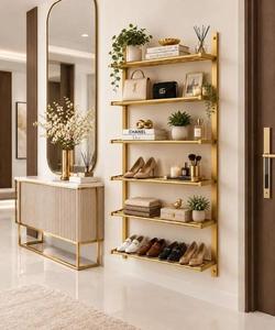 Handmade Brass Wall <b>Shelving</b> <b>Unit</b> 6 Tier Modern Storage Rack Open Display Organizer for Kitchen Living Room Bathroom and Home - Product Image 5