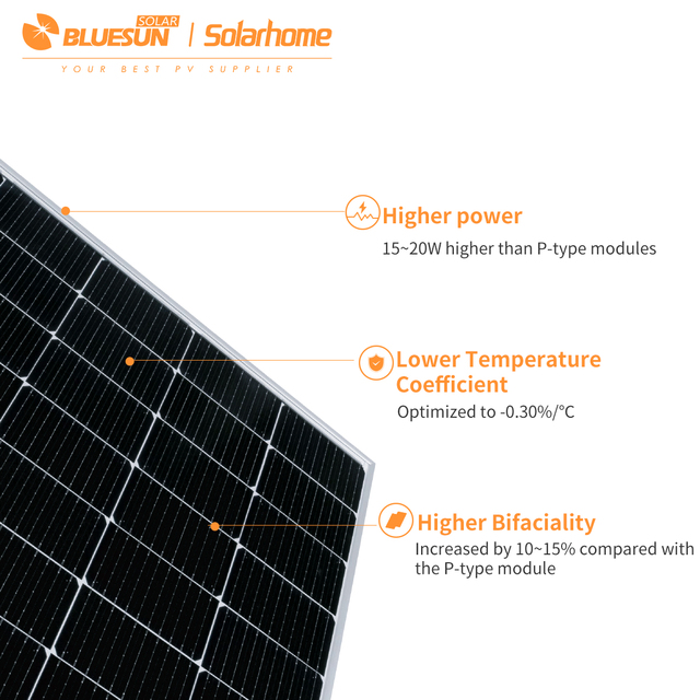 Bluesun Black 700W 710W 720W 730W 740W Power Bifacial High Efficiency N Type HJT Solar Panel for Solar Energy System Big Project