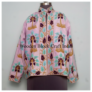 Veste courte d'hiver pour femmes, style vintage, velours rose, motif Suzani bohème, broderie, doublure en coton, matelassée - Product Image 1