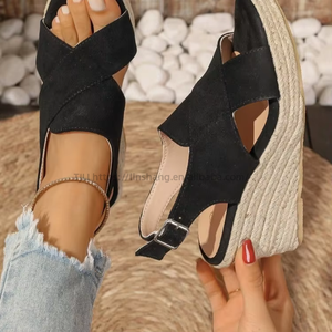 Women Summer European and American Style Hemp Rope Bottom Cross Strap Wedge <b>Sandals</b> Thick Sole Platform Hollow Roman <b>Sandals</b> - Product Image 3