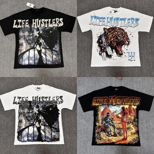 Life Hustlers Street-Style High-Fashion Strass-Verziertes Buchstaben-Bedrucktes Unisex Vintage-Style Kurzarm-Shirt aus Reiner Baumwolle - Product Image 4