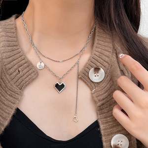 S925 Sterling Silver <b>Heart</b> Necklace <b>Black</b> Mosaic Design For Women Sweater Chain Gift Jewelry - Product Image 1