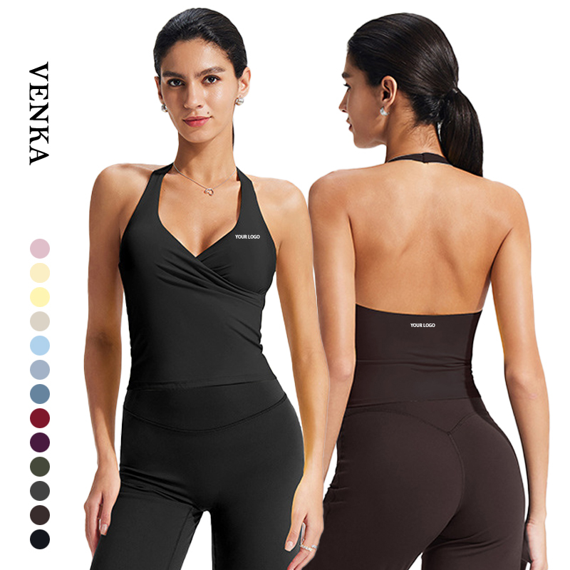 Women Sexy Halter Hollow Out Beautiful Back Deep V-Neck Vest Sleeveless Top With Removable Chest Pad Custom Gym Yoga Tank Top