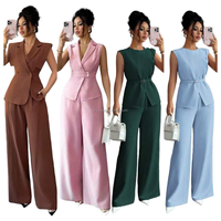 Costume de bureau pour femme, pantalon slim et haut à manches courtes, résistant aux plis, à simple boutonnage, ensemble formel