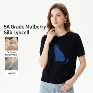 <span class=keywords><strong>T</strong></span>-<span class=keywords><strong>shirt</strong></span> d'é<span class=keywords><strong>t</strong></span>é décontracté haut de gamme pour femme en mélange de soie de mûrier, tricot jacquard motif chat, à manches courtes - Product Image 1