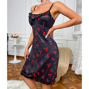 Camisola Sexy para mujer <span class=keywords><strong>Boutique</strong></span>, vestido largo a la moda con estampado de cerezas, encaje plisado, divertido vestido erótico, camisón Sexy para mujer - Product Image 5