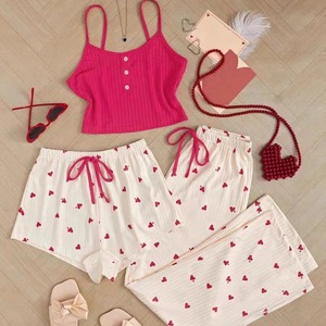 Three Piece Printed Vest Shorts and Bow Drawstring Pants Casual Women's Cute Heart-Shaped Print Paired with Home Pajamas Set - Product Image 4