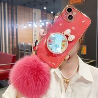 Coque de téléphone antichoc de luxe pour filles avec nœud, strass, placage miroir, TPU et boule de fourrure, avec dragonne, pour 13 12 Pro Max