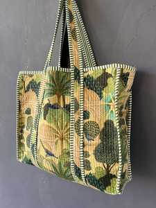 Bolsa de Mano Acolchada de Algodón con Estampado de Bloques, Ecológica, Reutilizable, para Uso Diario, Viajes, Compras - Product Image 5